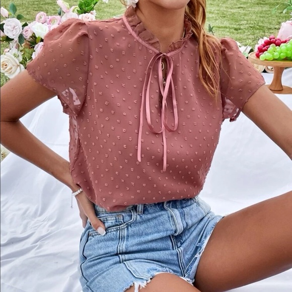 Boho redwood Swiss dot tie neck puff sleeve blouse - Picture 2 of 15